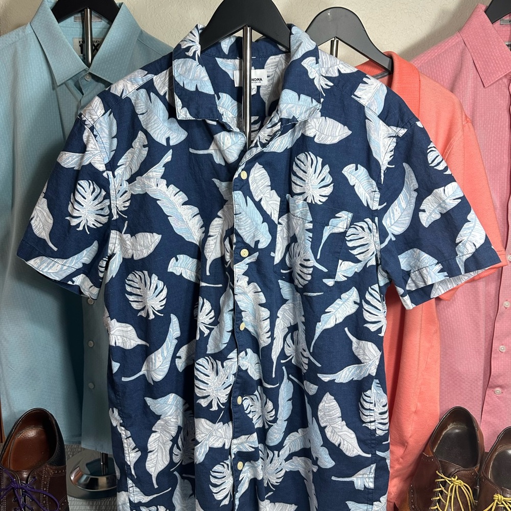 Navy Blue Tropical Print Men's Shirt